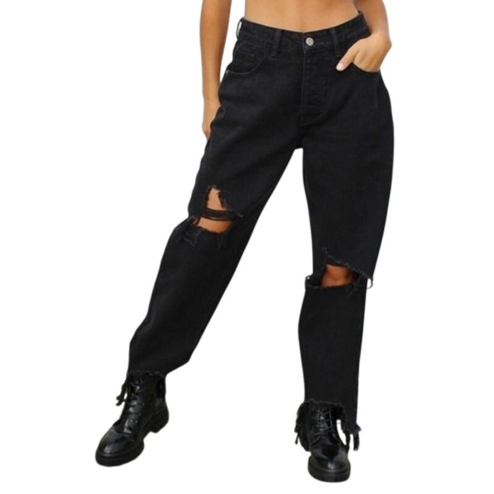 PrettyLittleThing Distressed Jeans size 0 Black High Rise Grunge Mom Denim